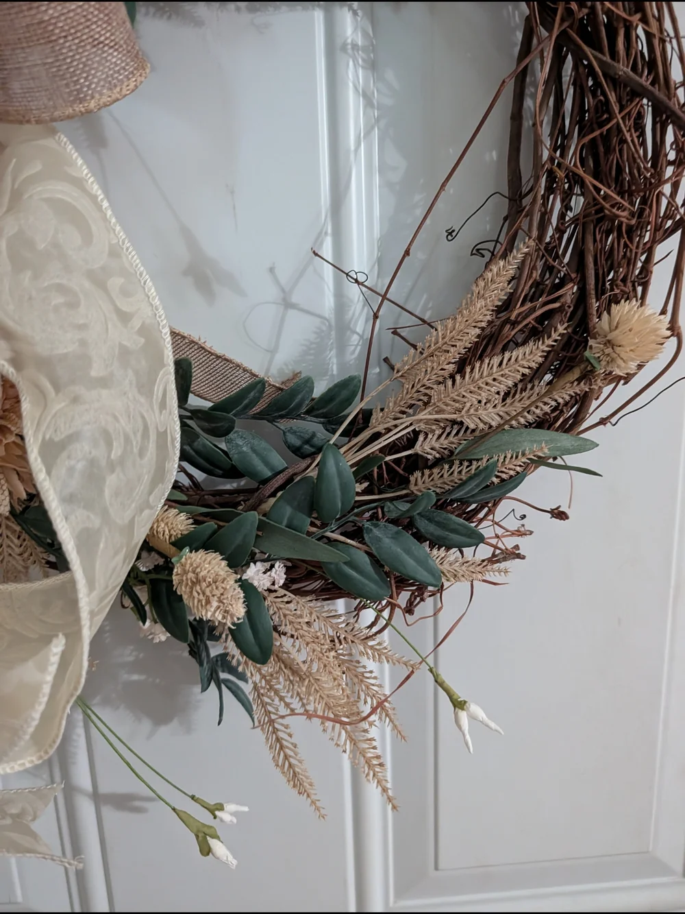 Handmade Fall  Cream & Green Grapevine Wreath with Burlap Bow
